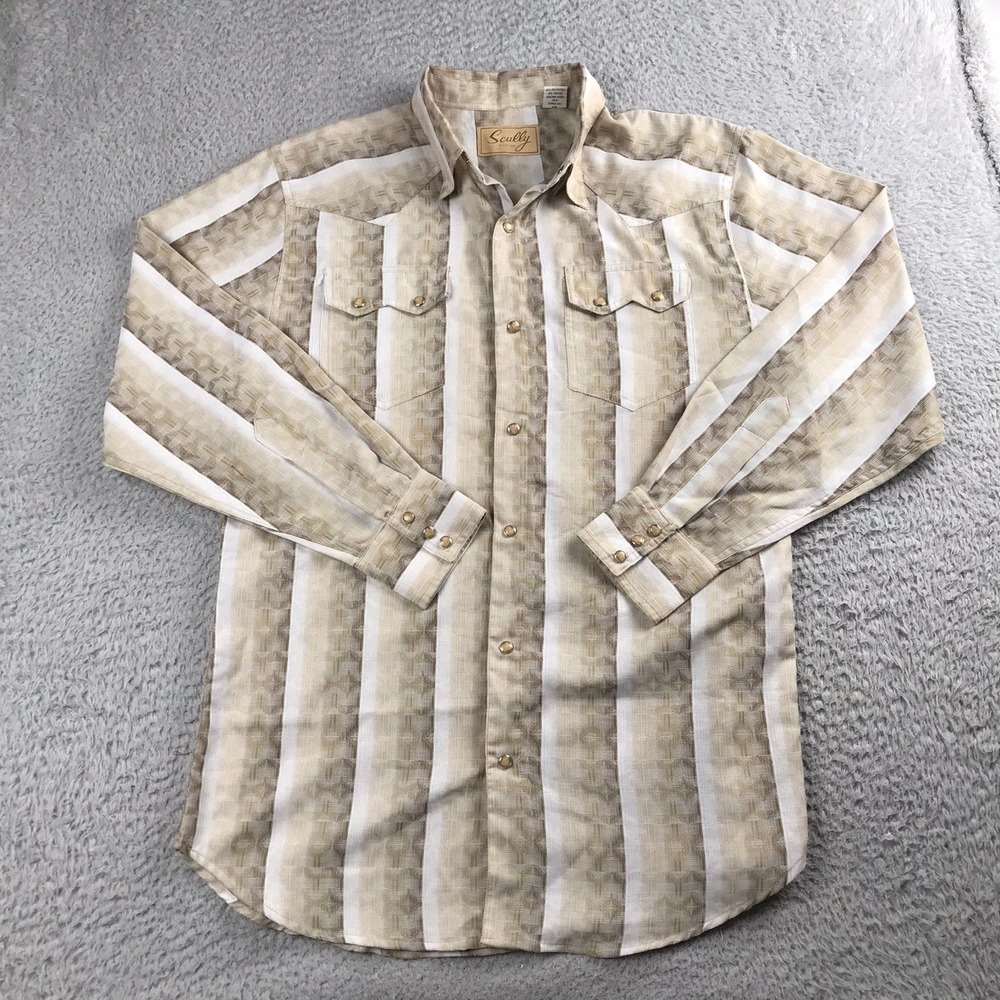 Scully Western Pearl Snap Shirt Mens M Tan Beige Striped Textured LS Cowboy